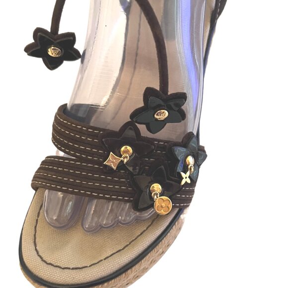Louis Vuitton Brown Suede/Patent Leather Logo Charms Wedge Sandals Sz 36.5 -6.5 - Picture 10 of 16